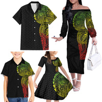 Hawaiian Traditional Tattoos Family Matching Off The Shoulder Long Sleeve Dress and Hawaiian Shirt Kakau Tribal Tropical Plant Motif Kanaka Maoli Flag Color Inspired LT03 - Polynesian Pride