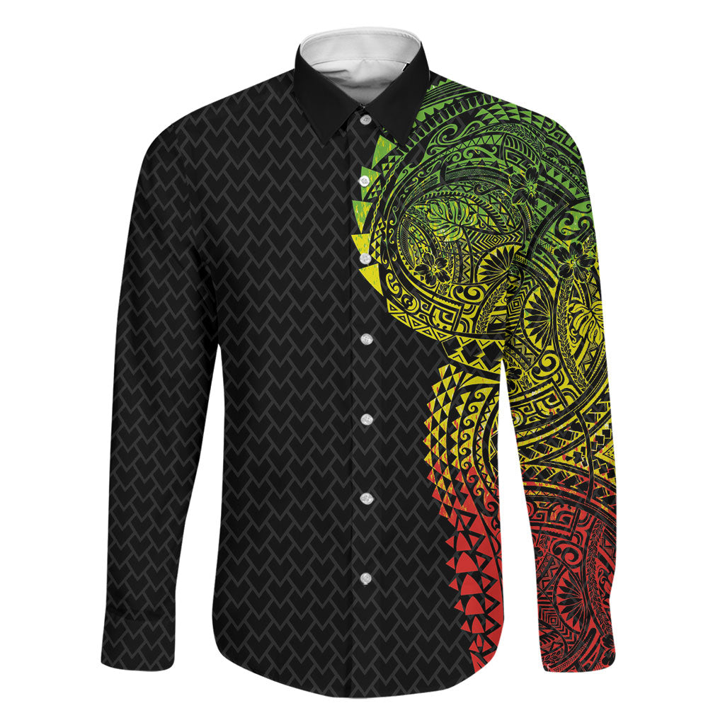 Hawaiian Traditional Tattoos Family Matching Short Sleeve Bodycon Dress and Hawaiian Shirt Kakau Tribal Tropical Plant Motif Kanaka Maoli Flag Color Inspired LT03 Dad's Shirt - Long Sleeve Multicolor - Polynesian Pride