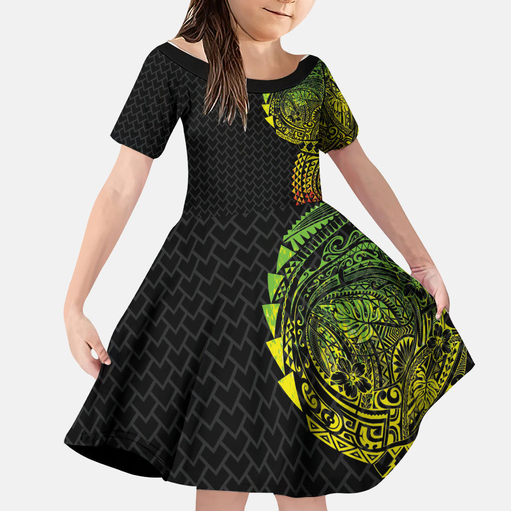 Hawaiian Traditional Tattoos Family Matching Summer Maxi Dress and Hawaiian Shirt Kakau Tribal Tropical Plant Motif Kanaka Maoli Flag Color Inspired LT03 Daughter's Dress Multicolor - Polynesian Pride