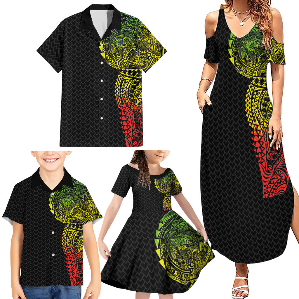 Hawaiian Traditional Tattoos Family Matching Summer Maxi Dress and Hawaiian Shirt Kakau Tribal Tropical Plant Motif Kanaka Maoli Flag Color Inspired LT03 - Polynesian Pride