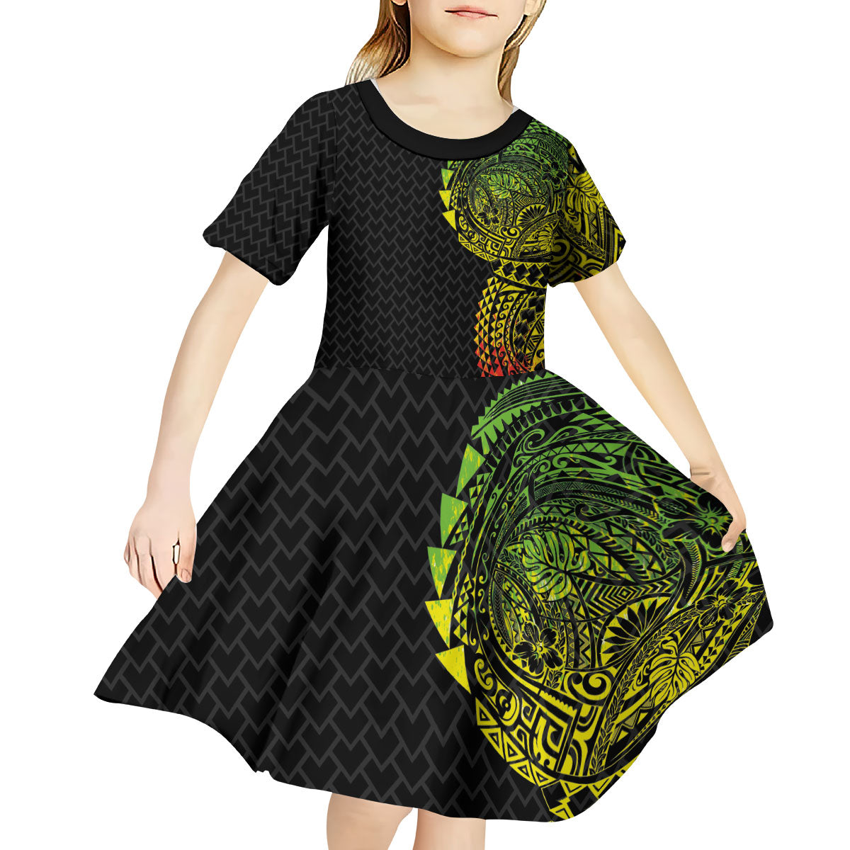 Hawaiian Traditional Tattoos Kid Short Sleeve Dress Kakau Tribal Tropical Plant Motif Kanaka Maoli Flag Color Inspired LT03 - Polynesian Pride