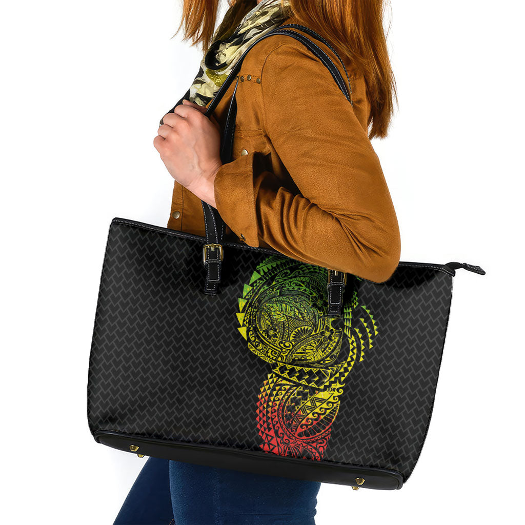 Hawaiian Traditional Tattoos Leather Tote Bag Kakau Tribal Tropical Plant Motif Kanaka Maoli Flag Color Inspired