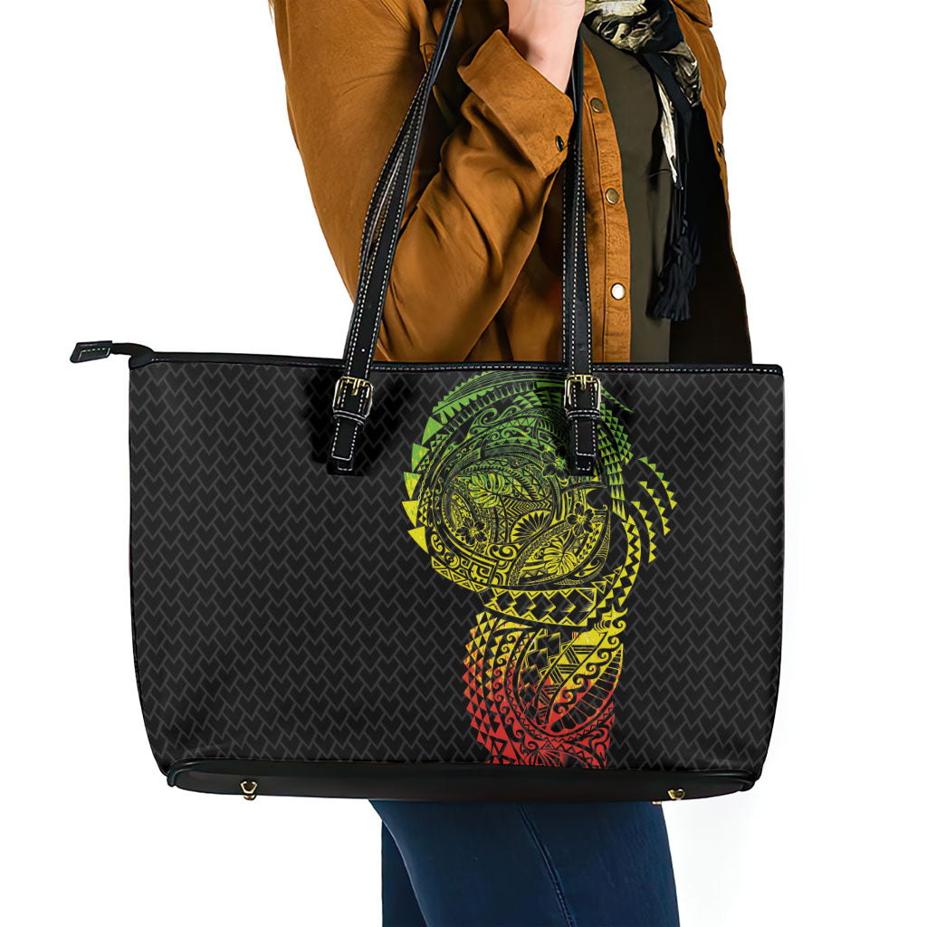 Hawaiian Traditional Tattoos Leather Tote Bag Kakau Tribal Tropical Plant Motif Kanaka Maoli Flag Color Inspired LT03 - Polynesian Pride