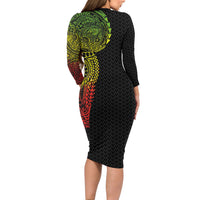 Hawaiian Traditional Tattoos Long Sleeve Bodycon Dress Kakau Tribal Tropical Plant Motif Kanaka Maoli Flag Color Inspired LT03 - Polynesian Pride
