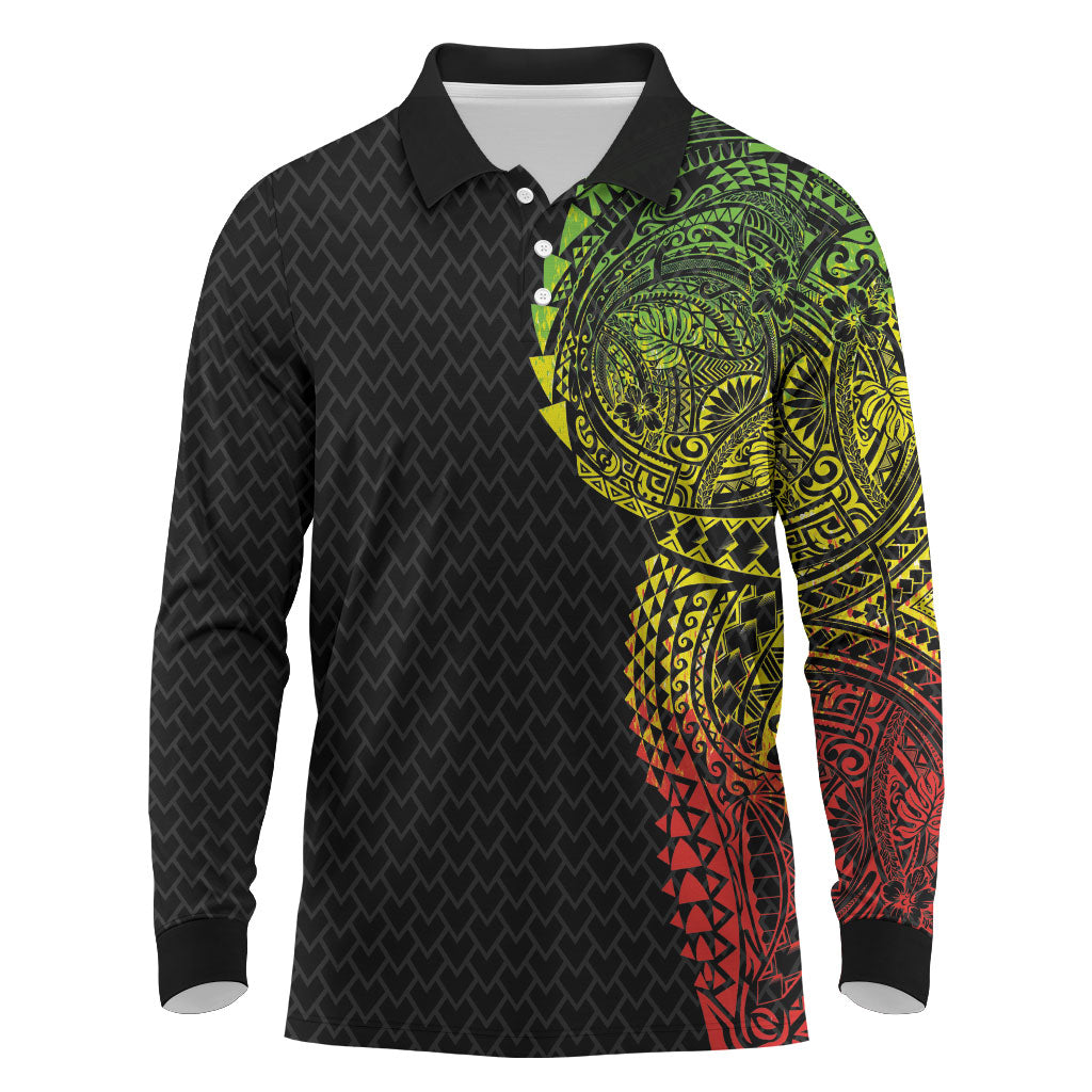 Hawaiian Traditional Tattoos Long Sleeve Polo Shirt Kakau Tribal Tropical Plant Motif Kanaka Maoli Flag Color Inspired