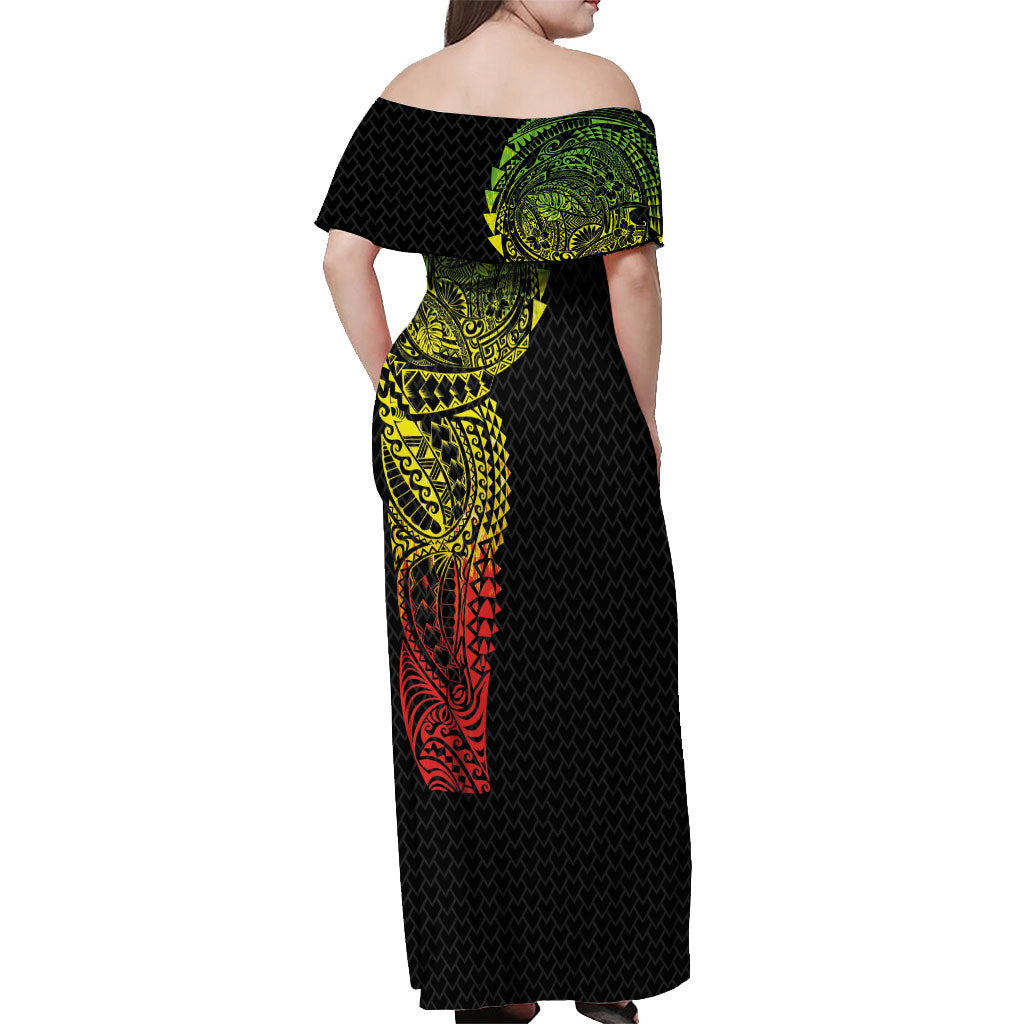 Hawaiian Traditional Tattoos Off Shoulder Maxi Dress Kakau Tribal Tropical Plant Motif Kanaka Maoli Flag Color Inspired LT03 - Polynesian Pride