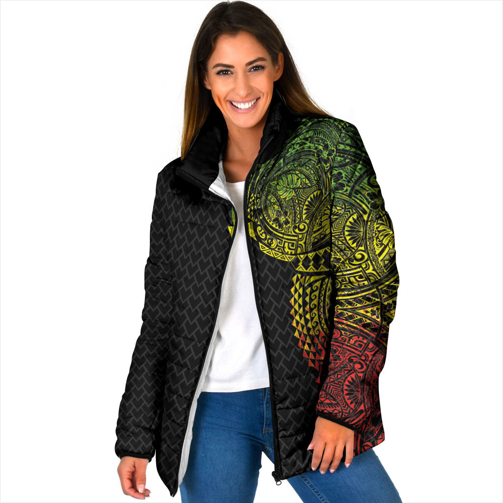 Hawaiian Traditional Tattoos Padded Jacket Kakau Tribal Tropical Plant Motif Kanaka Maoli Flag Color Inspired LT03 Women Multicolor - Polynesian Pride