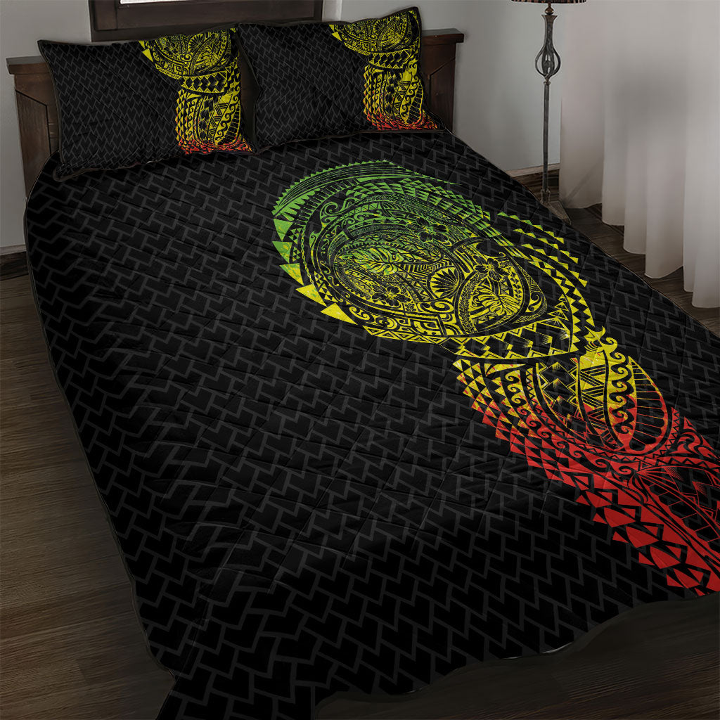 Hawaiian Traditional Tattoos Quilt Bed Set Kakau Tribal Tropical Plant Motif Kanaka Maoli Flag Color Inspired