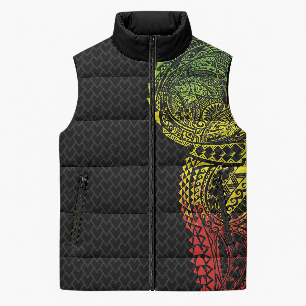 Hawaiian Traditional Tattoos Sleeveless Puffer Jacket Kakau Tribal Tropical Plant Motif Kanaka Maoli Flag Color Inspired LT03 Unisex Multicolor - Polynesian Pride