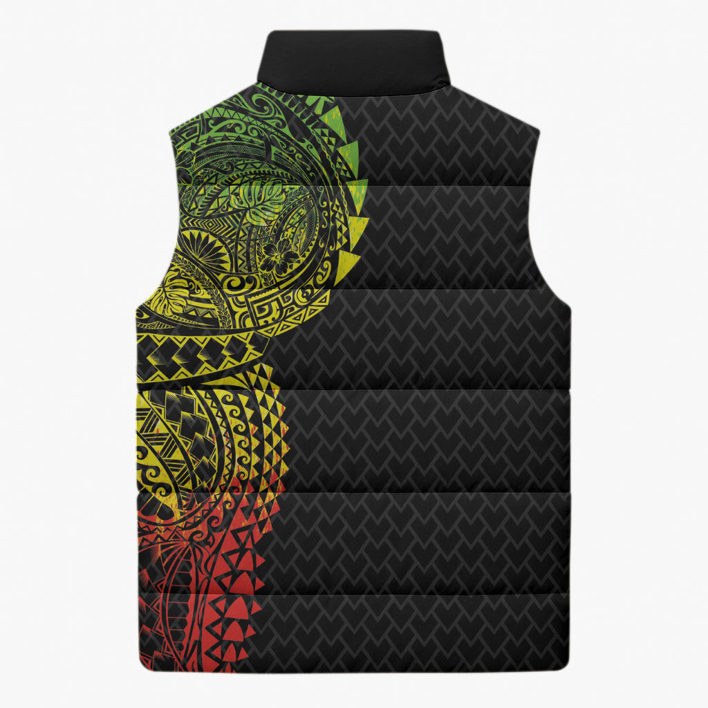 Hawaiian Traditional Tattoos Sleeveless Puffer Jacket Kakau Tribal Tropical Plant Motif Kanaka Maoli Flag Color Inspired LT03 - Polynesian Pride