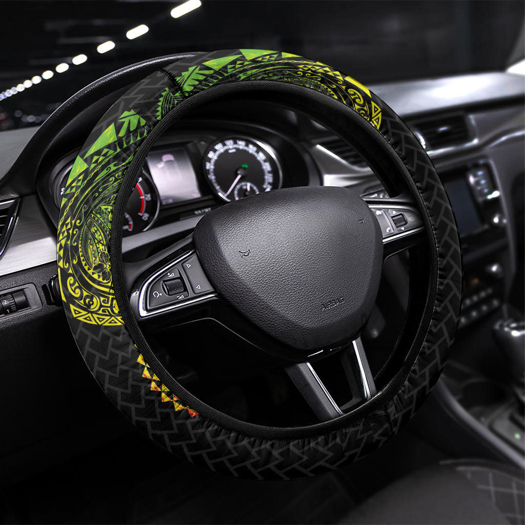 Hawaiian Traditional Tattoos Steering Wheel Cover Kakau Tribal Tropical Plant Motif Kanaka Maoli Flag Color Inspired
