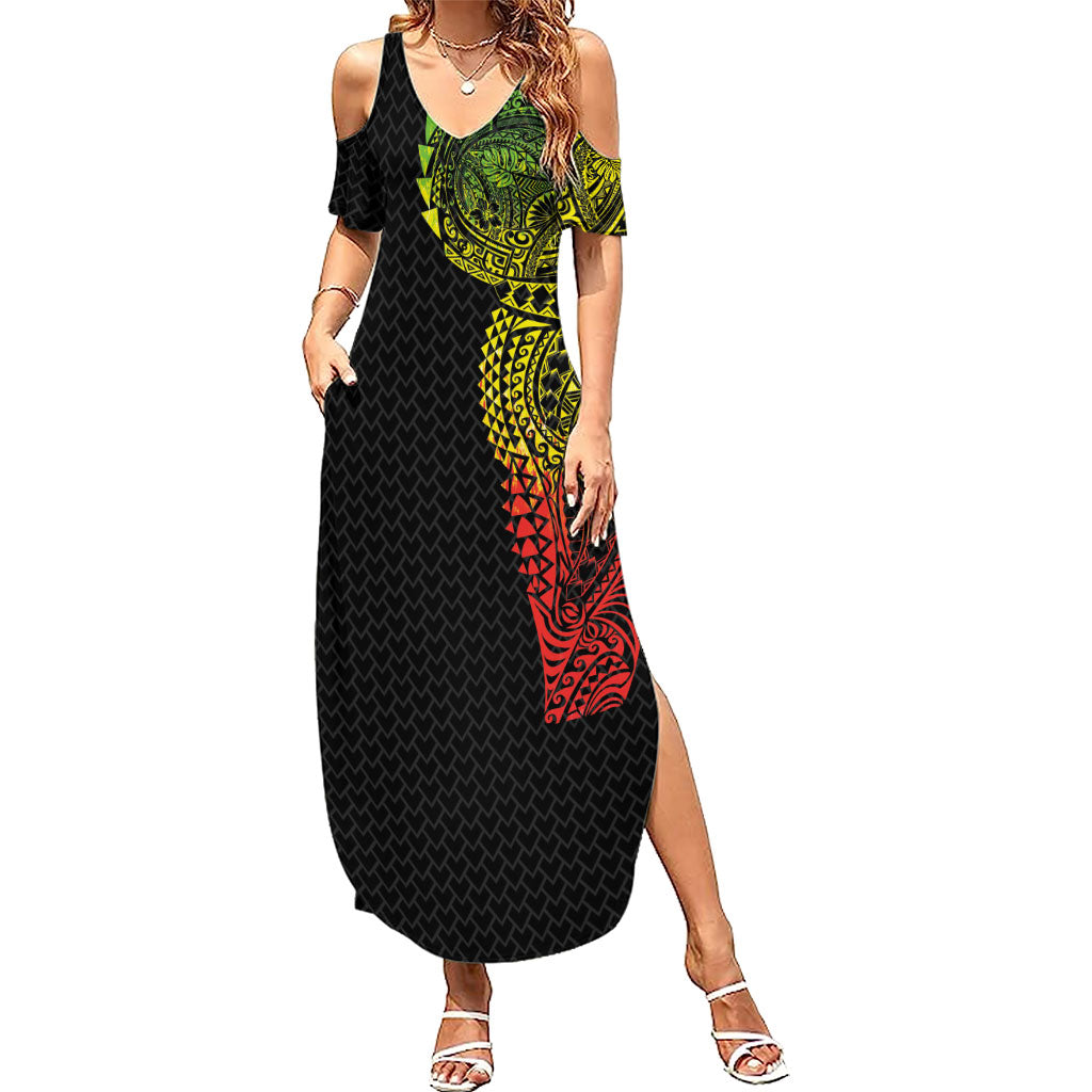 Hawaiian Traditional Tattoos Summer Maxi Dress Kakau Tribal Tropical Plant Motif Kanaka Maoli Flag Color Inspired LT03 Women Multicolor - Polynesian Pride