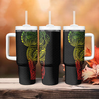 Hawaiian Traditional Tattoos Tumbler With Handle Kakau Tribal Tropical Plant Motif Kanaka Maoli Flag Color Inspired LT03 - Polynesian Pride