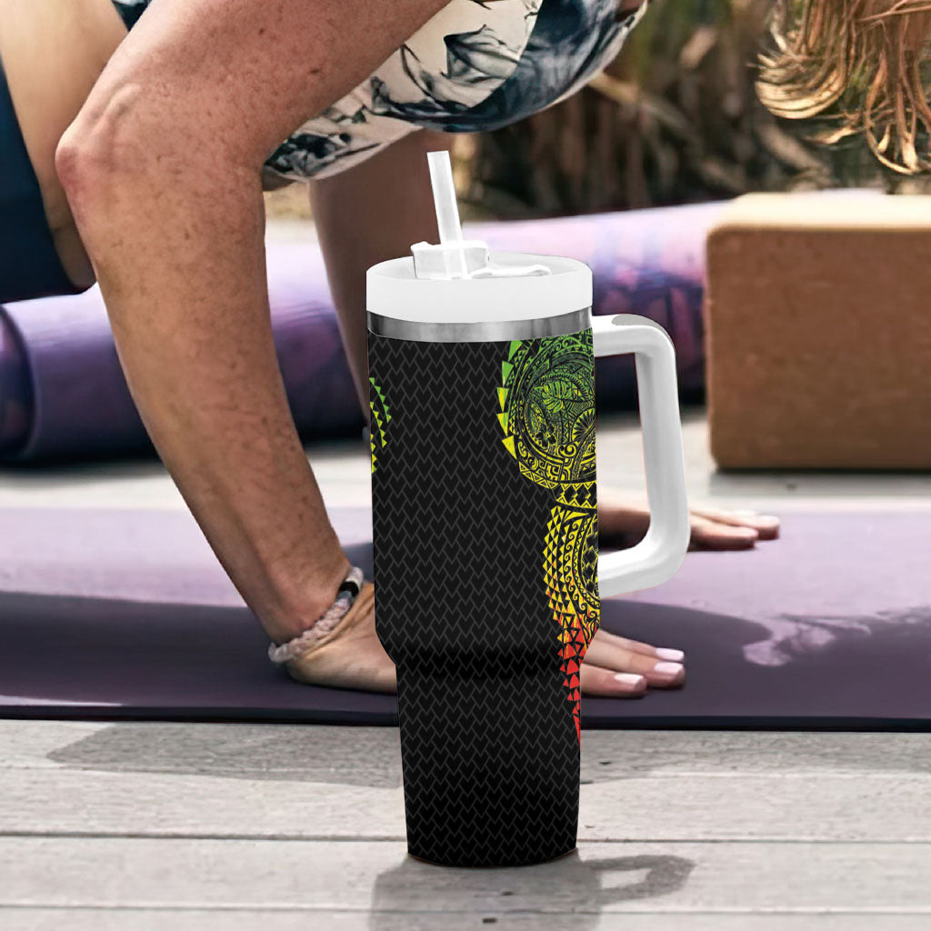 Hawaiian Traditional Tattoos Tumbler With Handle Kakau Tribal Tropical Plant Motif Kanaka Maoli Flag Color Inspired LT03 - Polynesian Pride