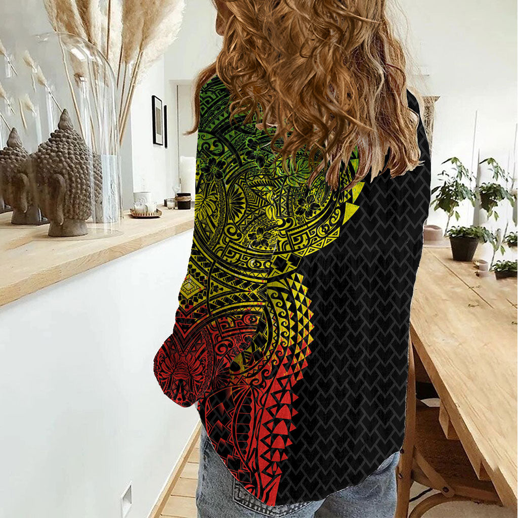 Hawaiian Traditional Tattoos Women Casual Shirt Kakau Tribal Tropical Plant Motif Kanaka Maoli Flag Color Inspired LT03 - Polynesian Pride
