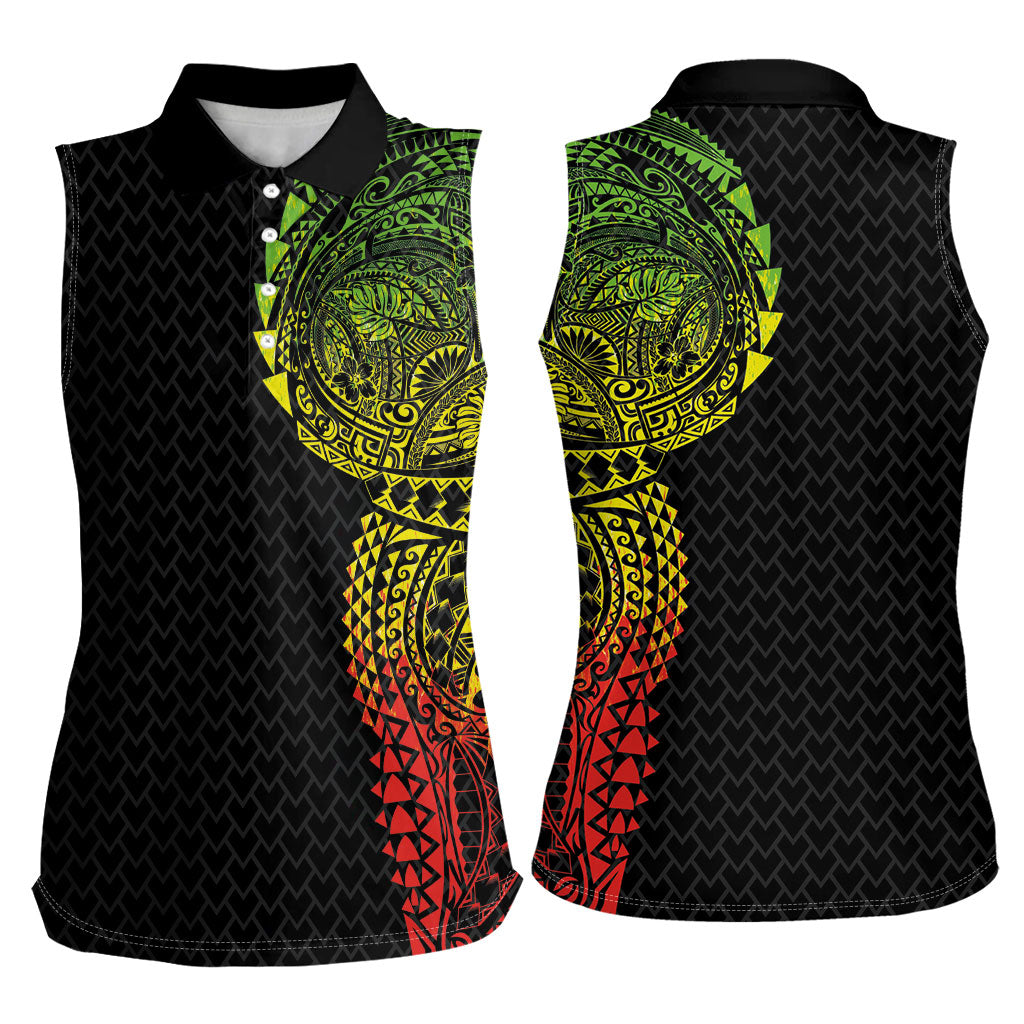 Hawaiian Traditional Tattoos Women Sleeveless Polo Shirt Kakau Tribal Tropical Plant Motif Kanaka Maoli Flag Color Inspired LT03 - Polynesian Pride