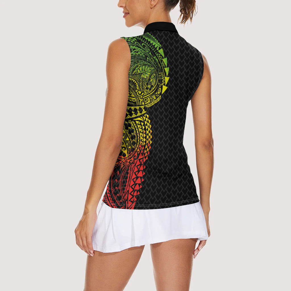 Hawaiian Traditional Tattoos Women Sleeveless Polo Shirt Kakau Tribal Tropical Plant Motif Kanaka Maoli Flag Color Inspired LT03 - Polynesian Pride