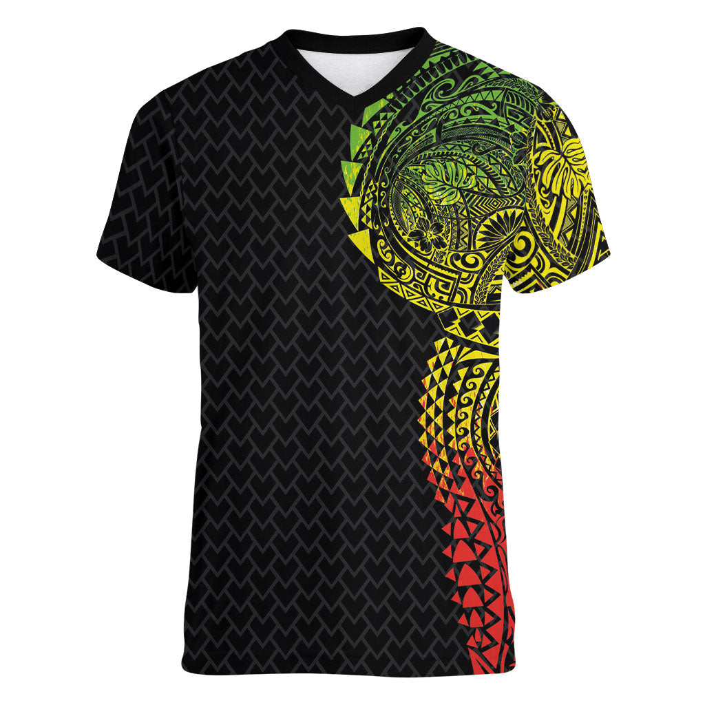 Hawaiian Traditional Tattoos Women V-Neck T-Shirt Kakau Tribal Tropical Plant Motif Kanaka Maoli Flag Color Inspired