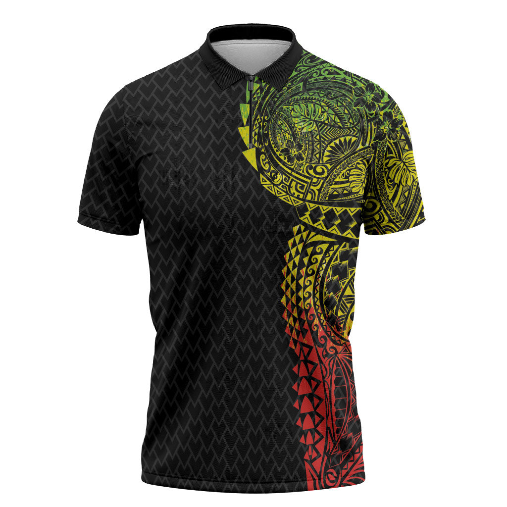 Hawaiian Traditional Tattoos Zipper Polo Shirt Kakau Tribal Tropical Plant Motif Kanaka Maoli Flag Color Inspired LT03 Multicolor - Polynesian Pride