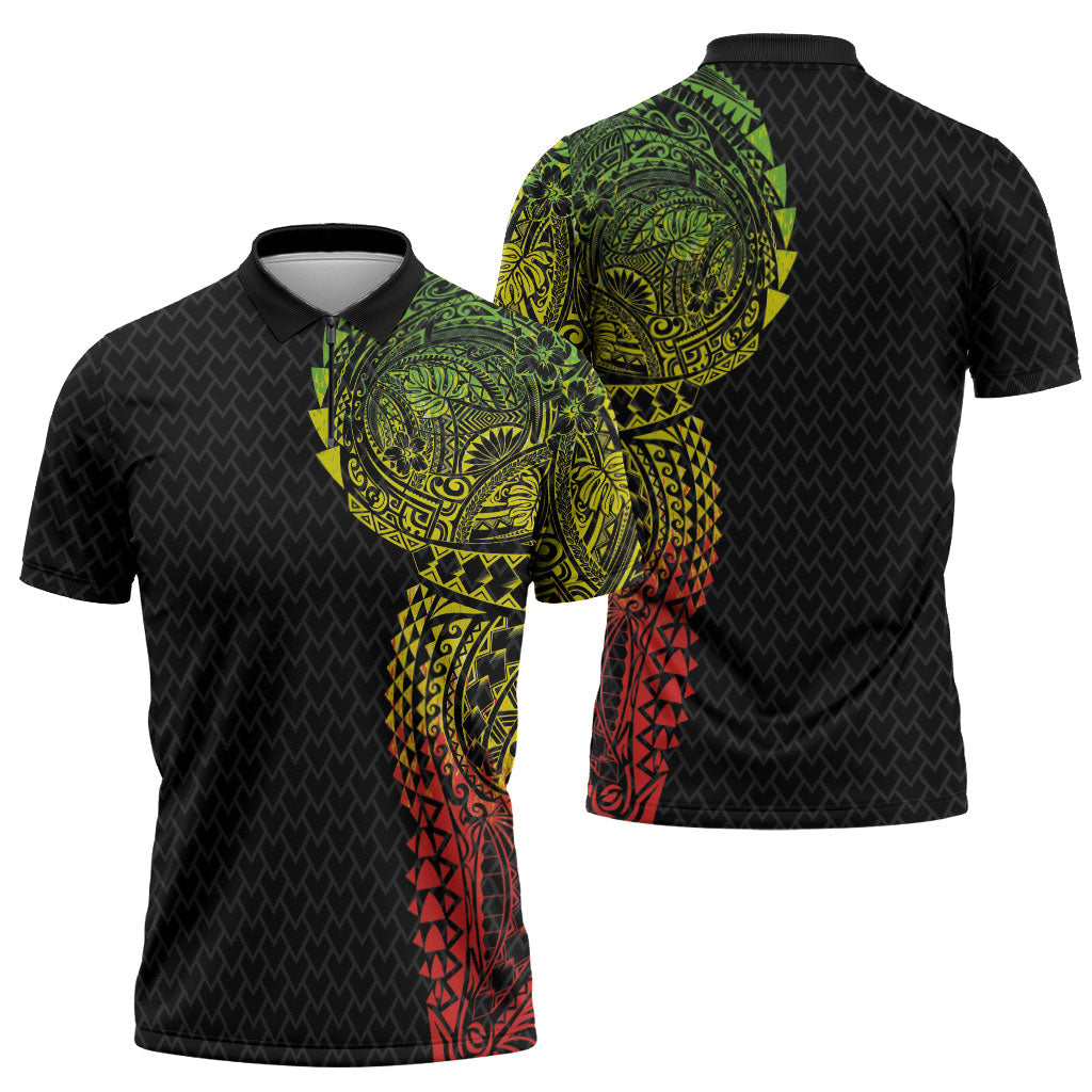 Hawaiian Traditional Tattoos Zipper Polo Shirt Kakau Tribal Tropical Plant Motif Kanaka Maoli Flag Color Inspired LT03 - Polynesian Pride