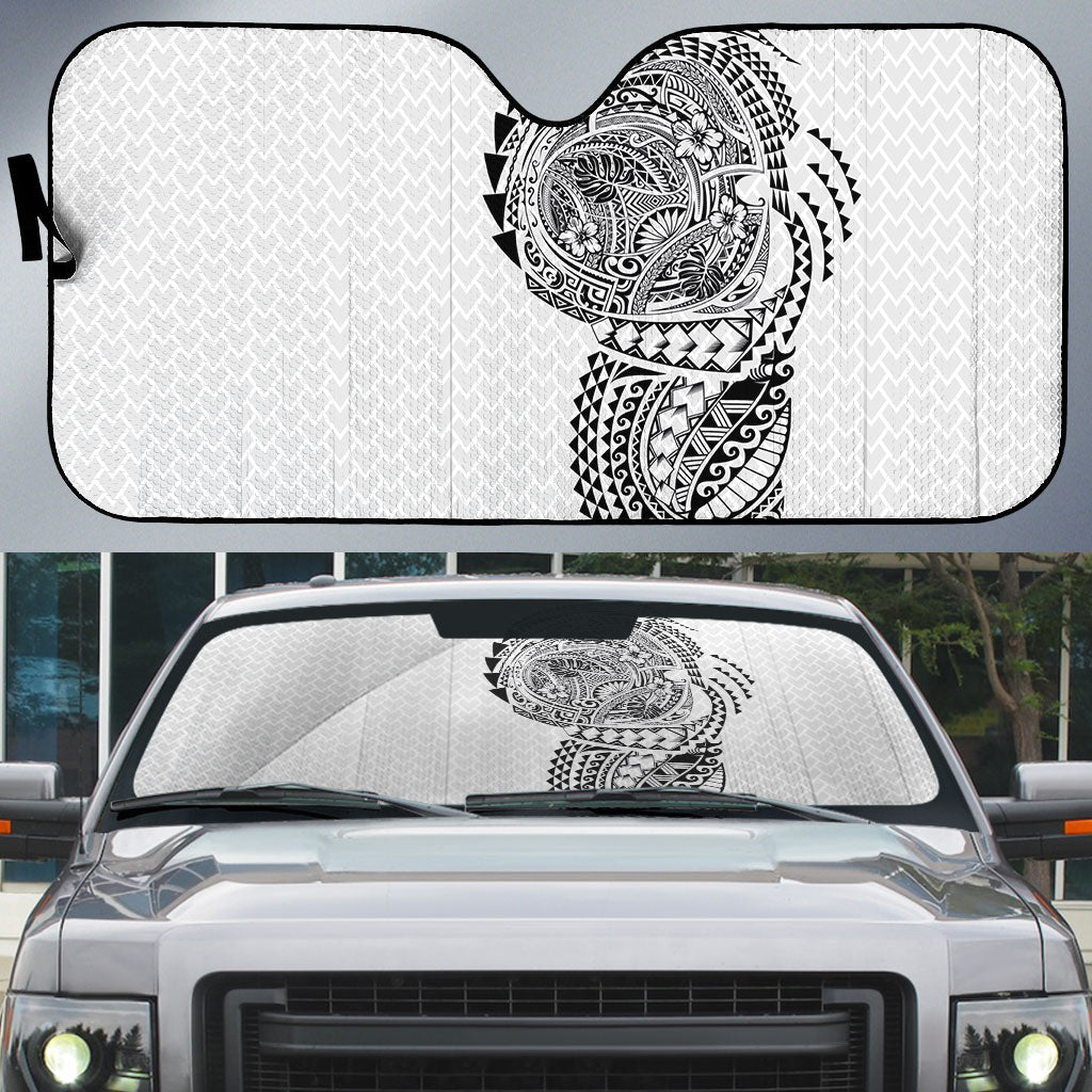Hawaiian Traditional Tattoos Auto Sun Shade Kakau Tribal Tropical Plant Motif White Color LT03 White - Polynesian Pride