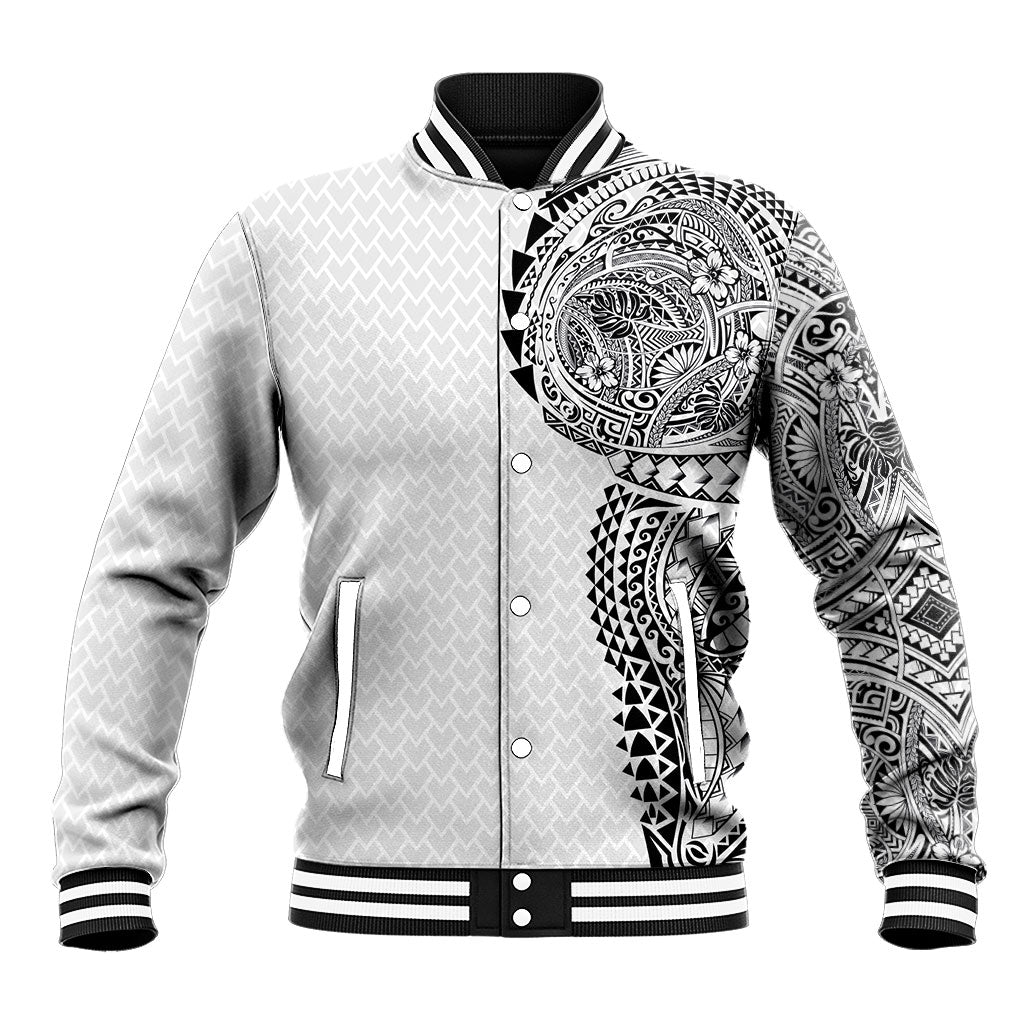 Hawaiian Traditional Tattoos Baseball Jacket Kakau Tribal Tropical Plant Motif White Color LT03 Unisex White - Polynesian Pride