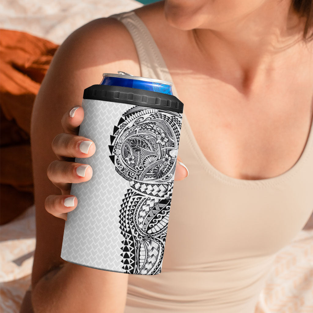 Hawaiian Traditional Tattoos 4 in 1 Can Cooler Tumbler Kakau Tribal Tropical Plant Motif White Color LT03 - Polynesian Pride