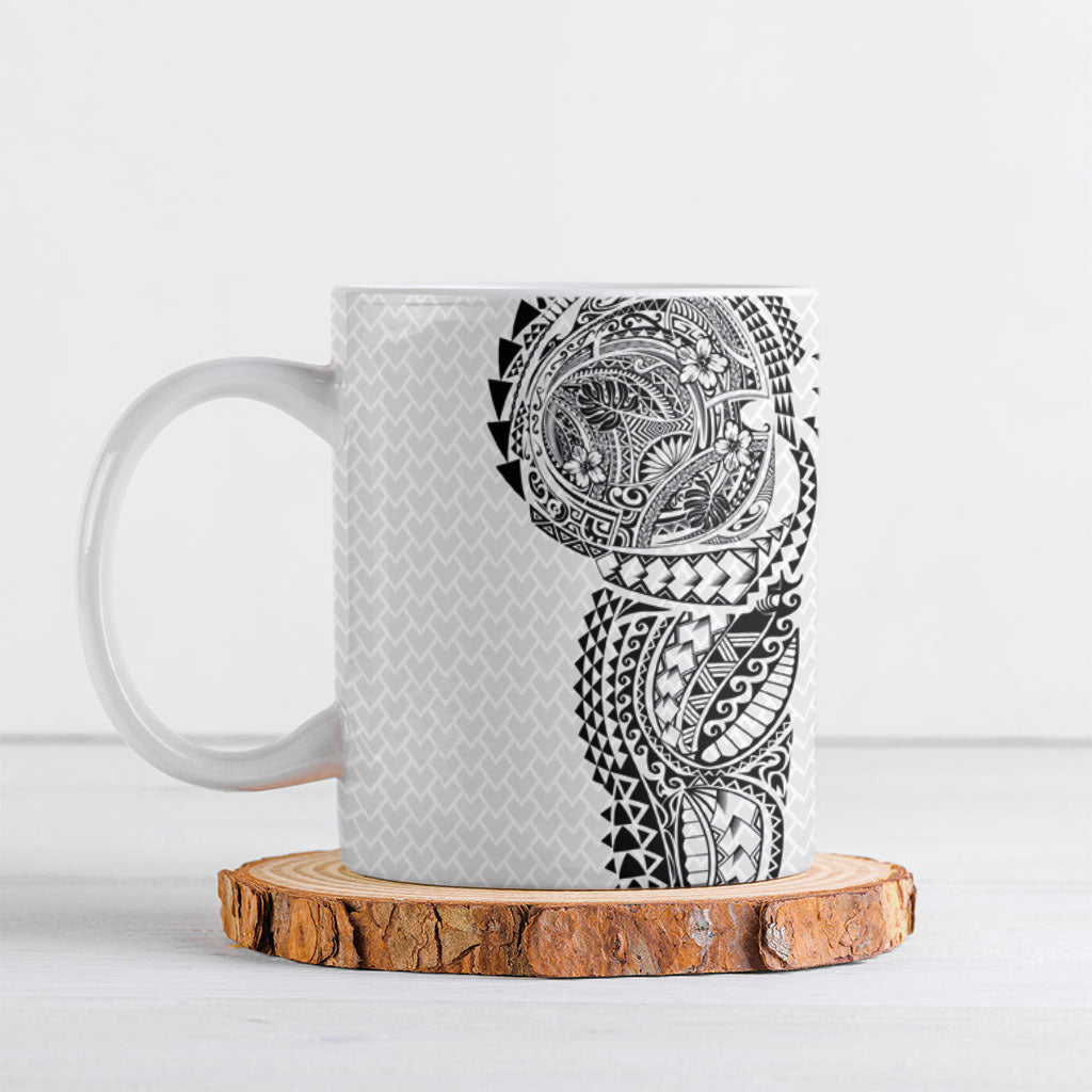 Hawaiian Traditional Tattoos Ceramic Mug Kakau Tribal Tropical Plant Motif White Color