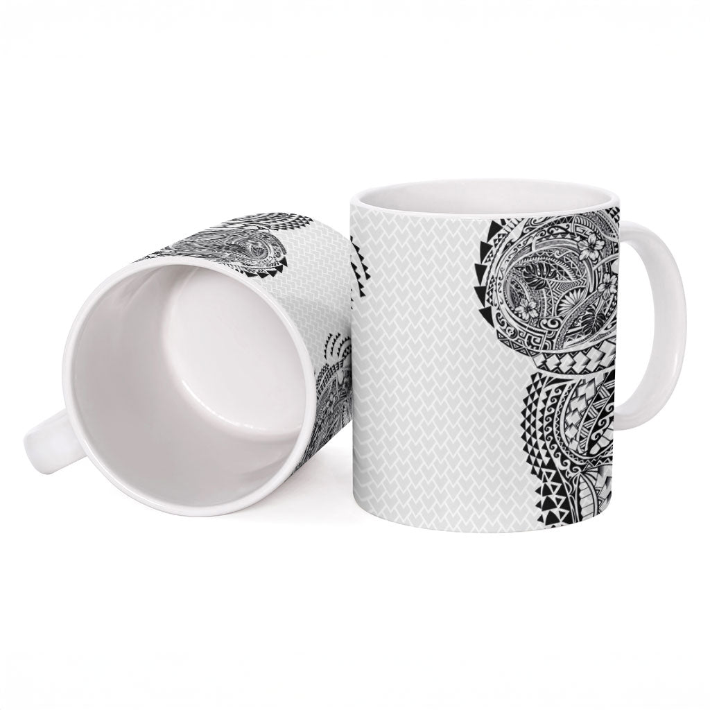 Hawaiian Traditional Tattoos Ceramic Mug Kakau Tribal Tropical Plant Motif White Color