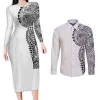 Hawaiian Traditional Tattoos Couples Matching Long Sleeve Bodycon Dress and Long Sleeve Button Shirt Kakau Tribal Tropical Plant Motif White Color LT03 White - Polynesian Pride