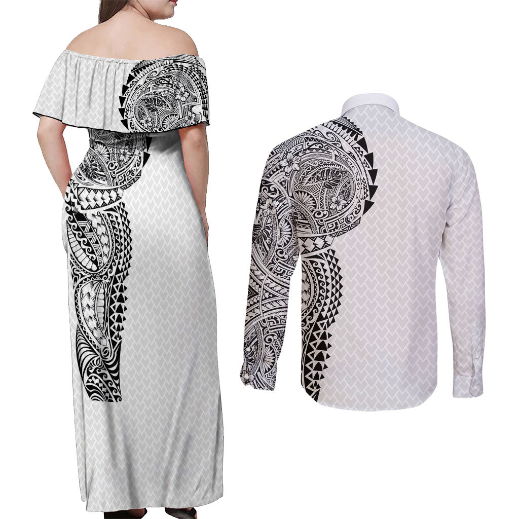 Hawaiian Traditional Tattoos Couples Matching Off Shoulder Maxi Dress and Long Sleeve Button Shirt Kakau Tribal Tropical Plant Motif White Color LT03 - Polynesian Pride