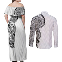 Hawaiian Traditional Tattoos Couples Matching Off Shoulder Maxi Dress and Long Sleeve Button Shirt Kakau Tribal Tropical Plant Motif White Color LT03 - Polynesian Pride
