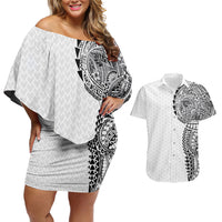 Hawaiian Traditional Tattoos Couples Matching Off Shoulder Short Dress and Hawaiian Shirt Kakau Tribal Tropical Plant Motif White Color LT03 White - Polynesian Pride