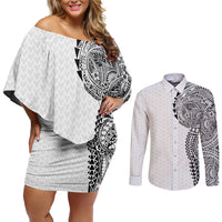Hawaiian Traditional Tattoos Couples Matching Off Shoulder Short Dress and Long Sleeve Button Shirt Kakau Tribal Tropical Plant Motif White Color LT03 White - Polynesian Pride