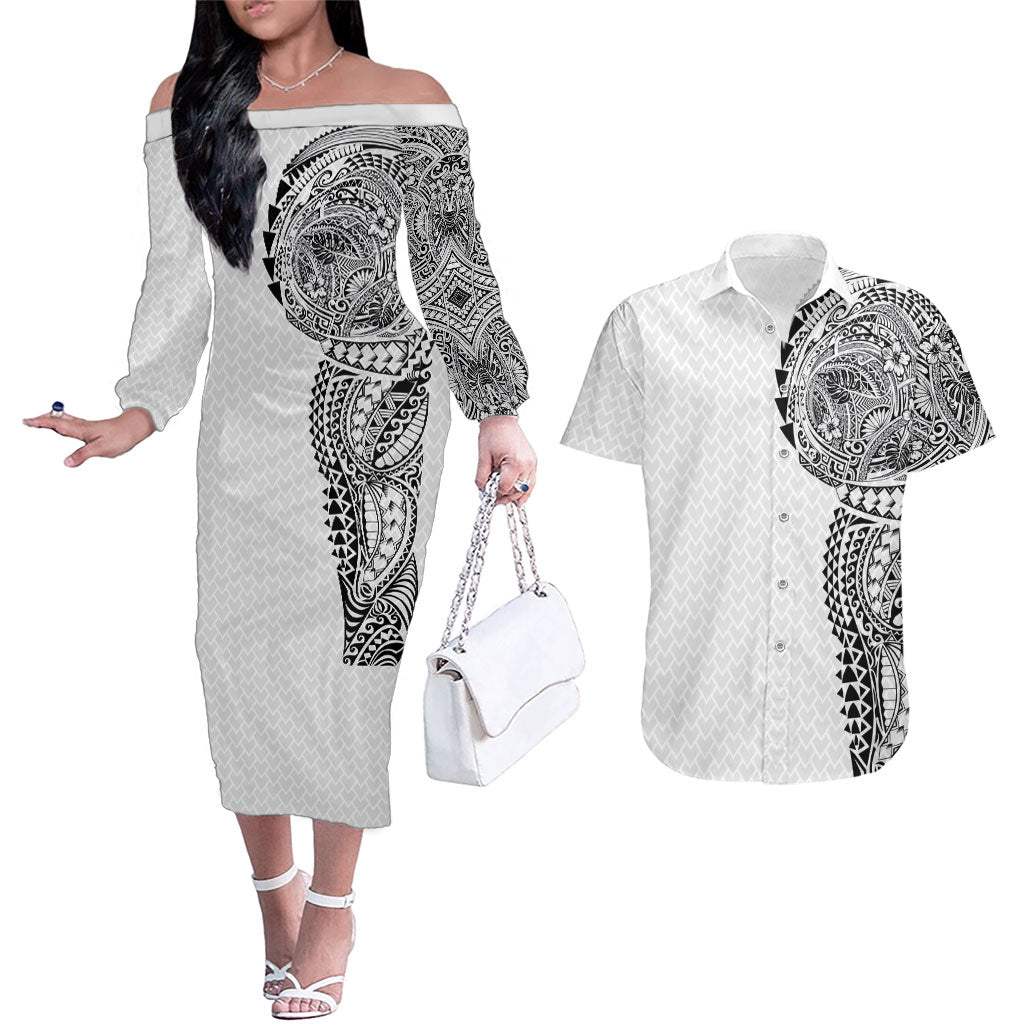 Hawaiian Traditional Tattoos Couples Matching Off The Shoulder Long Sleeve Dress and Hawaiian Shirt Kakau Tribal Tropical Plant Motif White Color LT03 White - Polynesian Pride