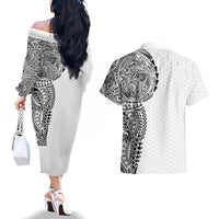 Hawaiian Traditional Tattoos Couples Matching Off The Shoulder Long Sleeve Dress and Hawaiian Shirt Kakau Tribal Tropical Plant Motif White Color LT03 - Polynesian Pride