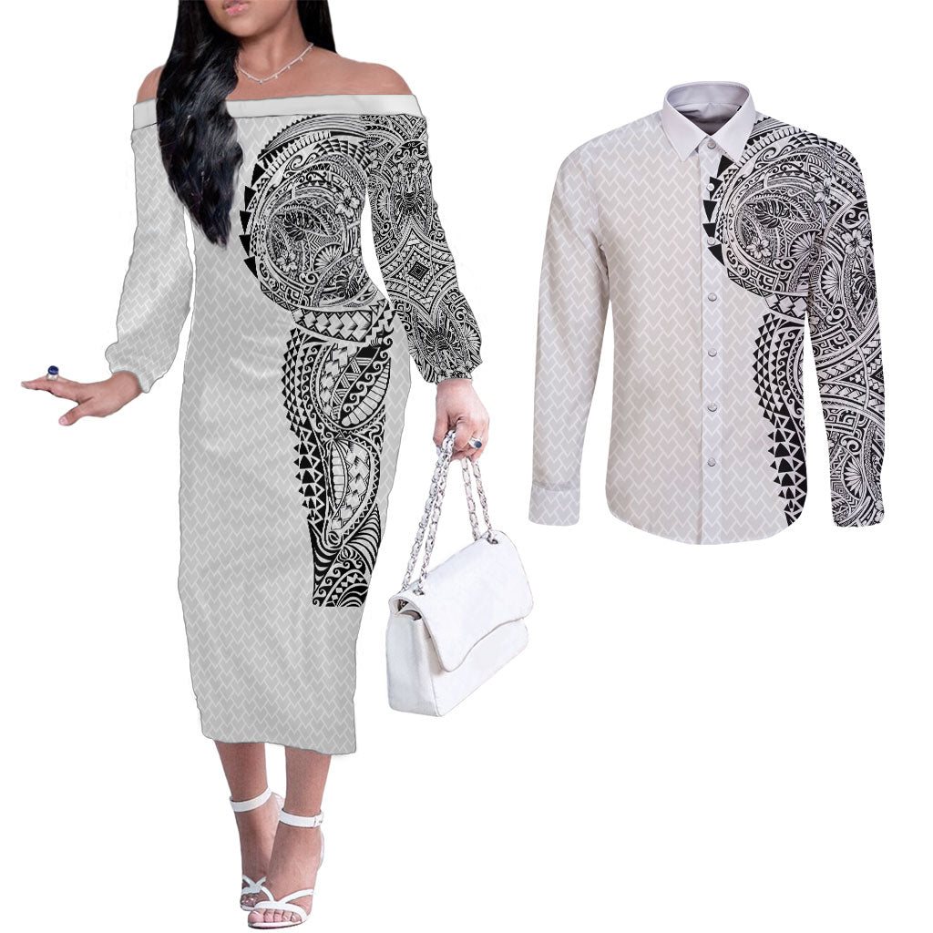 Hawaiian Traditional Tattoos Couples Matching Off The Shoulder Long Sleeve Dress and Long Sleeve Button Shirt Kakau Tribal Tropical Plant Motif White Color