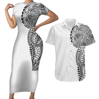 Hawaiian Traditional Tattoos Couples Matching Short Sleeve Bodycon Dress and Hawaiian Shirt Kakau Tribal Tropical Plant Motif White Color LT03 White - Polynesian Pride