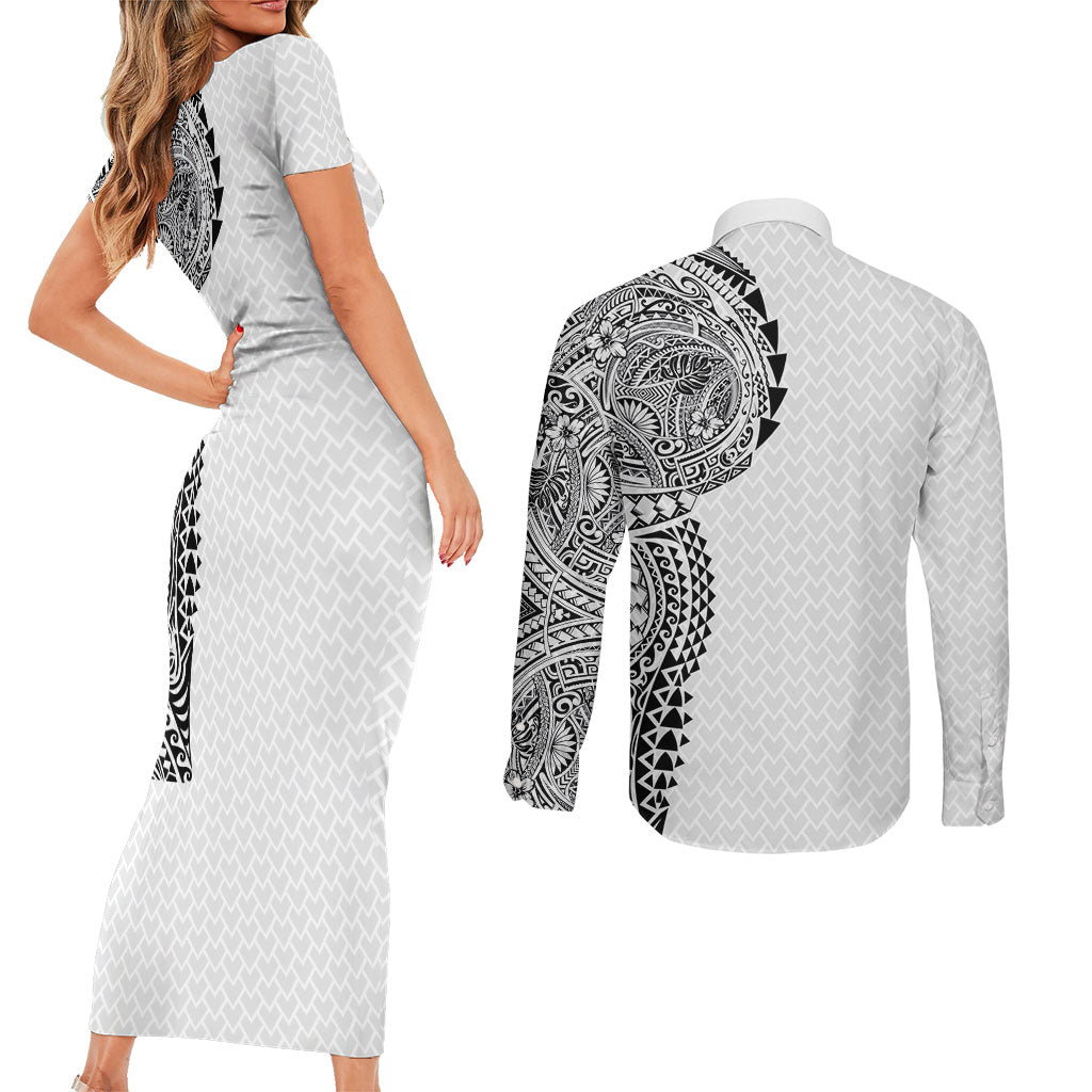 Hawaiian Traditional Tattoos Couples Matching Short Sleeve Bodycon Dress and Long Sleeve Button Shirt Kakau Tribal Tropical Plant Motif White Color LT03 - Polynesian Pride