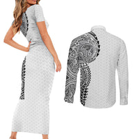 Hawaiian Traditional Tattoos Couples Matching Short Sleeve Bodycon Dress and Long Sleeve Button Shirt Kakau Tribal Tropical Plant Motif White Color LT03 - Polynesian Pride
