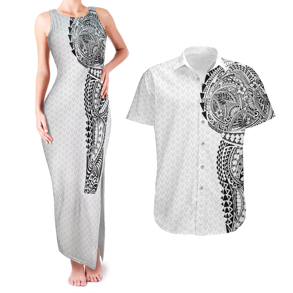 Hawaiian Traditional Tattoos Couples Matching Tank Maxi Dress and Hawaiian Shirt Kakau Tribal Tropical Plant Motif White Color LT03 White - Polynesian Pride