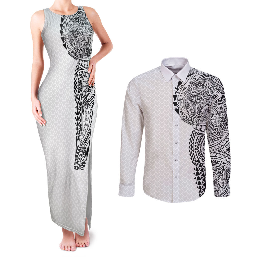 Hawaiian Traditional Tattoos Couples Matching Tank Maxi Dress and Long Sleeve Button Shirt Kakau Tribal Tropical Plant Motif White Color