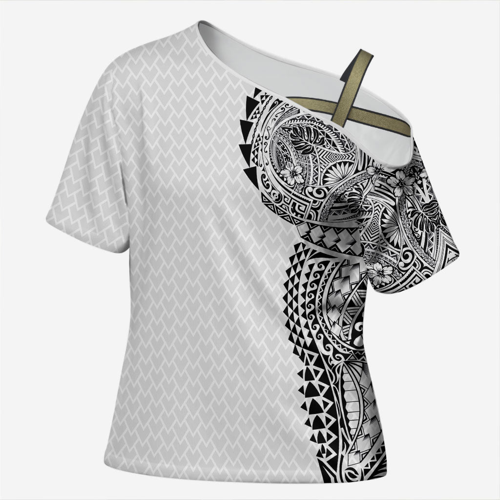 Hawaiian Traditional Tattoos Cross Shoulder Shirt Kakau Tribal Tropical Plant Motif White Color LT03 Female White - Polynesian Pride