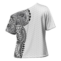Hawaiian Traditional Tattoos Cross Shoulder Shirt Kakau Tribal Tropical Plant Motif White Color LT03 - Polynesian Pride