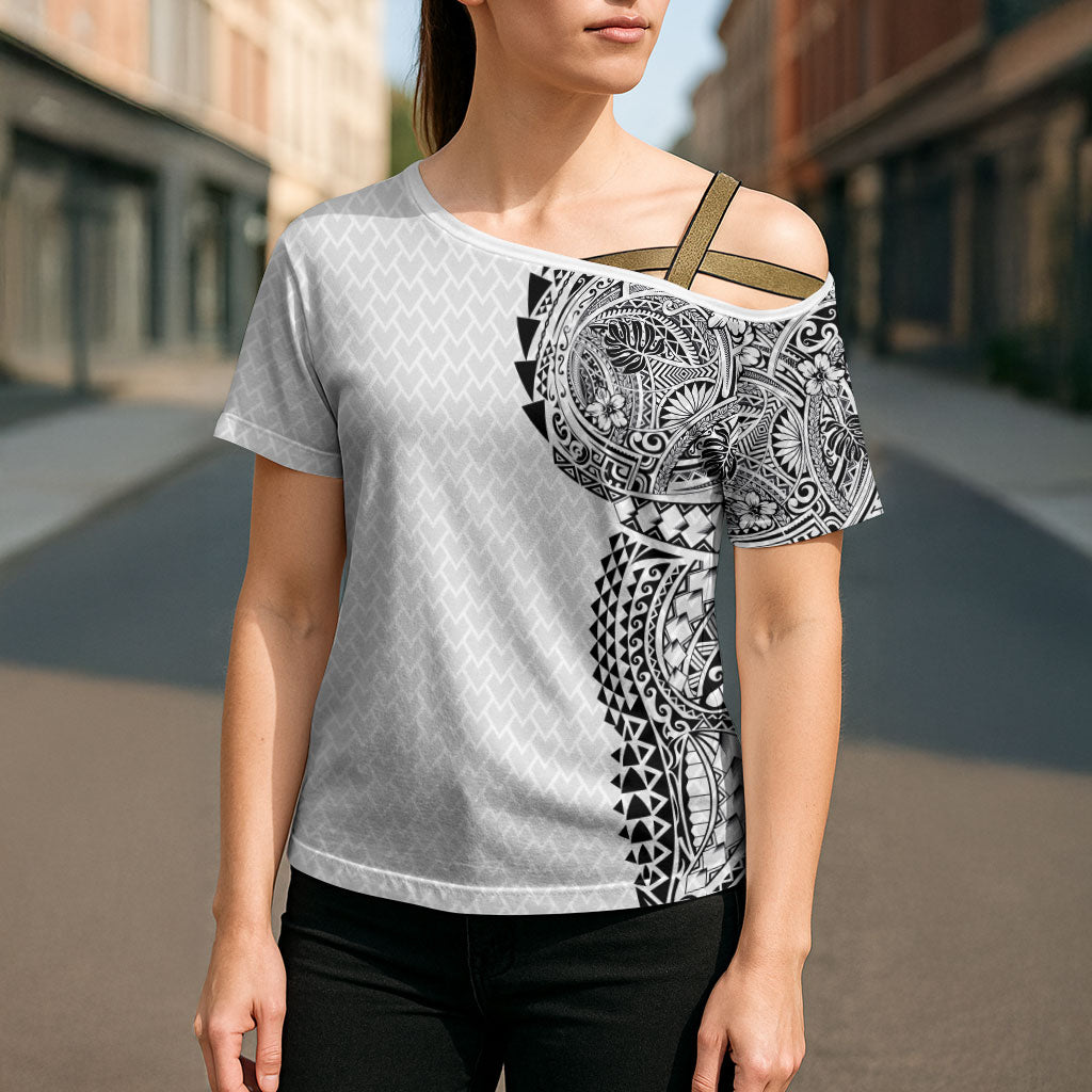 Hawaiian Traditional Tattoos Cross Shoulder Shirt Kakau Tribal Tropical Plant Motif White Color LT03 - Polynesian Pride