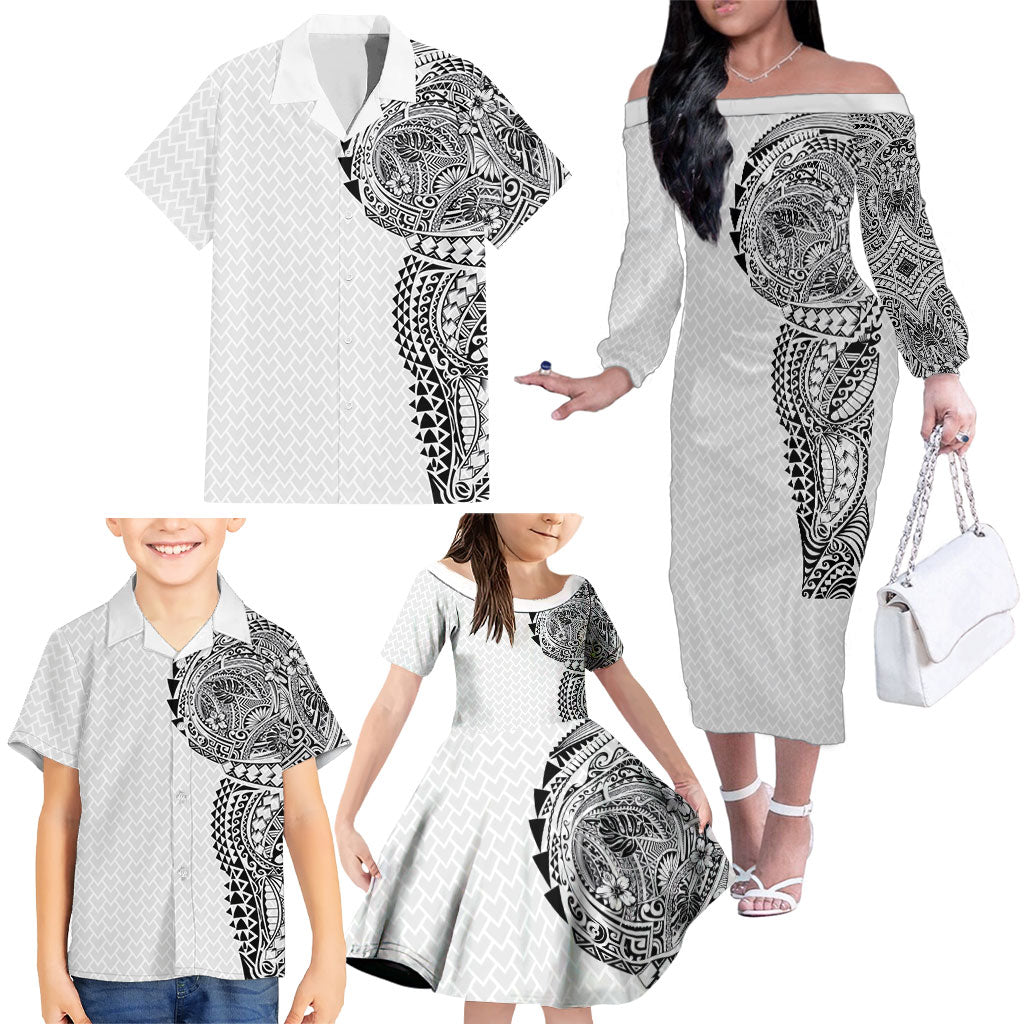Hawaiian Traditional Tattoos Family Matching Off The Shoulder Long Sleeve Dress and Hawaiian Shirt Kakau Tribal Tropical Plant Motif White Color