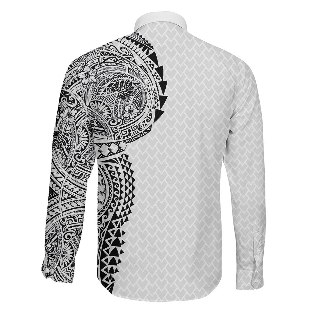 Hawaiian Traditional Tattoos Family Matching Off The Shoulder Long Sleeve Dress and Hawaiian Shirt Kakau Tribal Tropical Plant Motif White Color LT03 - Polynesian Pride