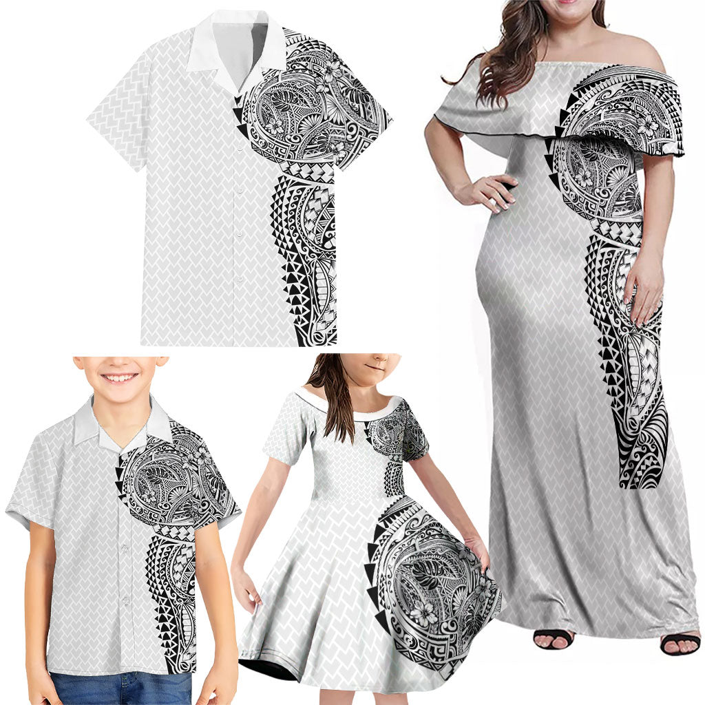 Hawaiian Traditional Tattoos Family Matching Off Shoulder Maxi Dress and Hawaiian Shirt Kakau Tribal Tropical Plant Motif White Color