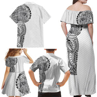 Hawaiian Traditional Tattoos Family Matching Off Shoulder Maxi Dress and Hawaiian Shirt Kakau Tribal Tropical Plant Motif White Color LT03 - Polynesian Pride