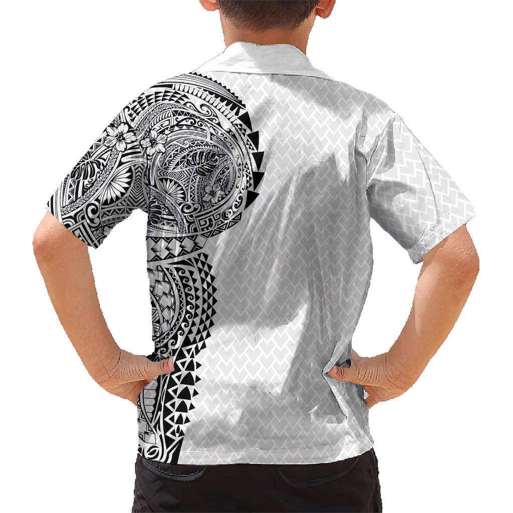 Hawaiian Traditional Tattoos Family Matching Short Sleeve Bodycon Dress and Hawaiian Shirt Kakau Tribal Tropical Plant Motif White Color LT03 - Polynesian Pride